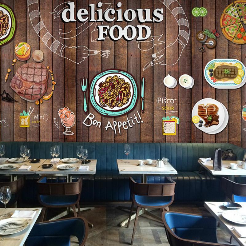 

Western Restaurant Spaghetti Steak Pizza Dining Mural Wall Paper 3D Dark Brown Wood Board Textured Industrial Decor Wallpaper 3D, Embossment paper