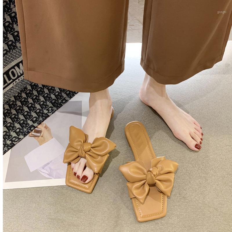 

Women Slippers Woman Square Toe Bow Sliders Fashion Women's Casual Outdoor Shoes Ladies 2020 Summer Flat Female Footwear1, Black