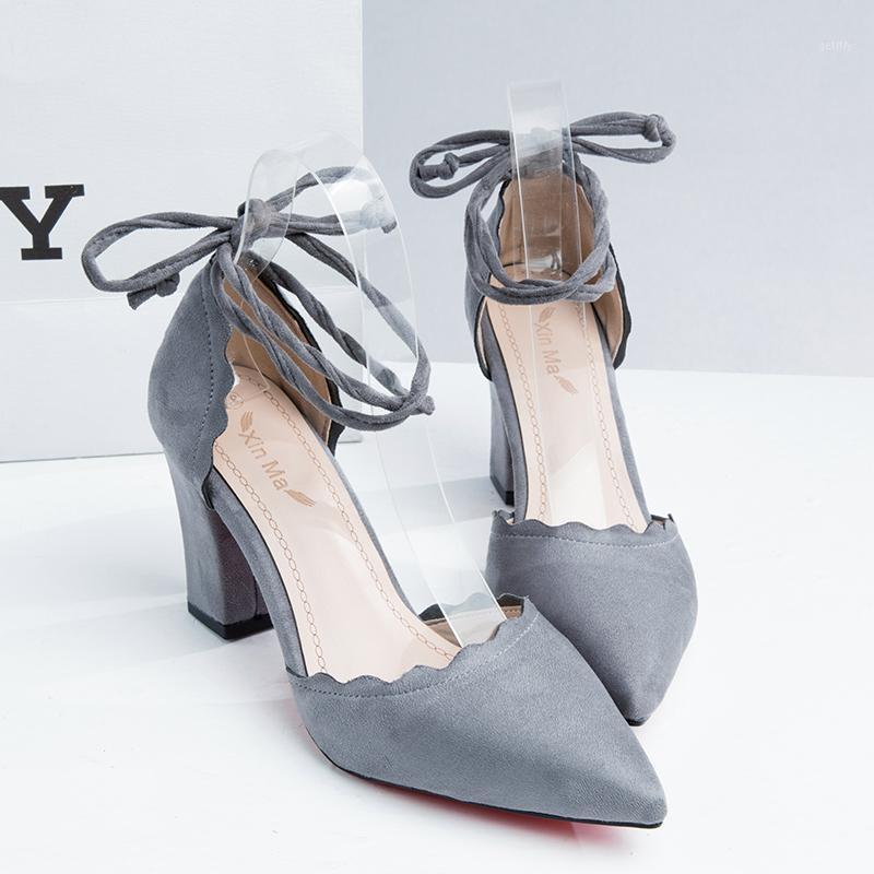 

Woman Fashion Elegant Pumps Pointed Strappy Single Shoes 2021 New Woman Lace Up Sexy Retro High Thick Heels Shoes tacones U22-131, Black