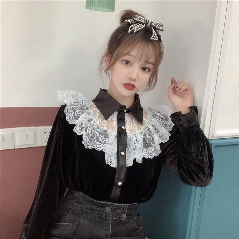 

women tops and blouses sweet style spring autumn blusas mujer de moda long sleeve sweet lace up ruffles velvet Shirts ulzzang, Black