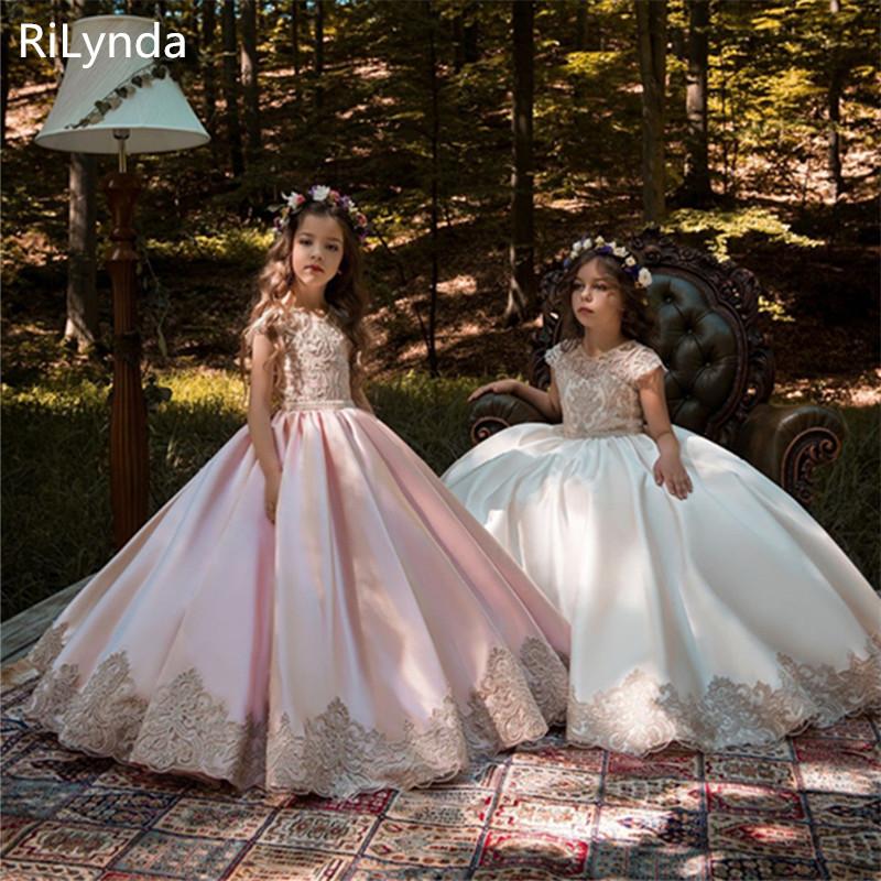 

Kids Puffy Ivory Tulle Lace Ball Gown Flower Girl Dresses Puffy Satin Bow Girl Princess Dresses Long Kids Communion, White