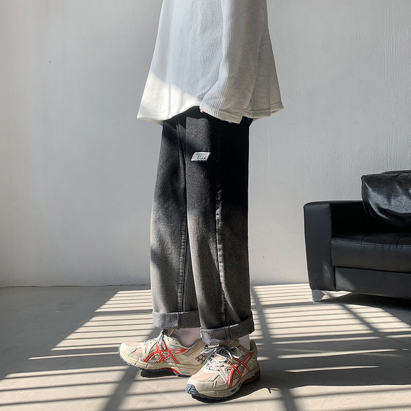 

New Men' Collage Hip Hop Jeans 2021 Korean Streetwear Woman Straight Denim Pants Fashion Clothing J4sk, Black