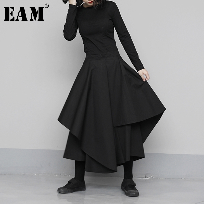 

[EAM] High Elastic Waist Black Asymmetrical Wide Leg Trousers New Loose Fit Pants Women Fashion Tide Spring Autumn 1N683 201106