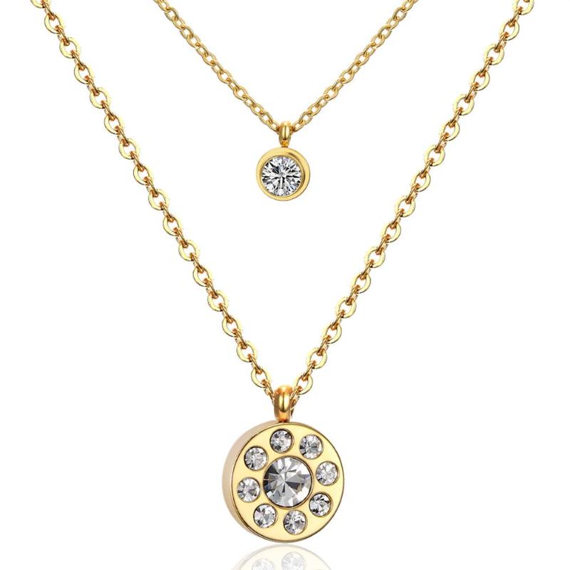 

LUXUKISSKIDS Hot Sale Jewelry Necklace Stainless Steel Gold Color Elegant Fine CZ Crystal Round Pendant Double Chain Necklace