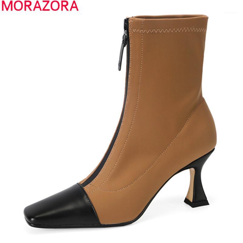

MORAZORA New hot sale women brand boots top quality genuine leather ankle boots fashion square toe high heels ladies shoes1, Black apricot