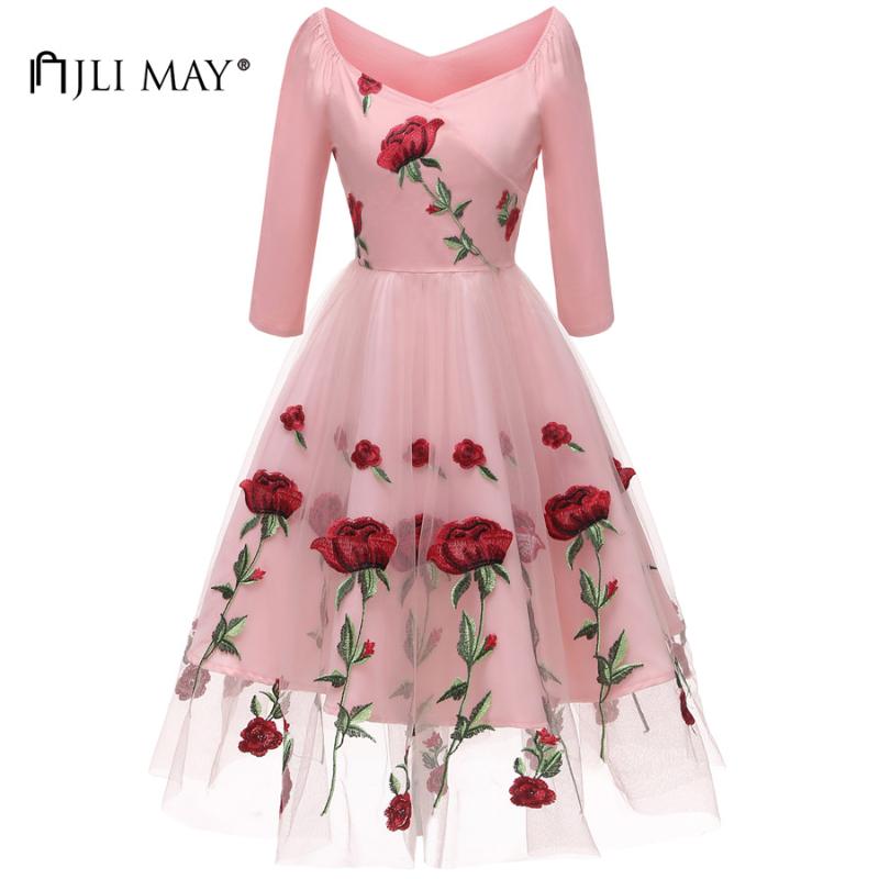 

JLI MAY Fall White Floral Lace Party Dress Women Clothes Autumn Mesh Rose Embroidery 3/4 Sleeve V-Neck Evening Formal Elegant, Black