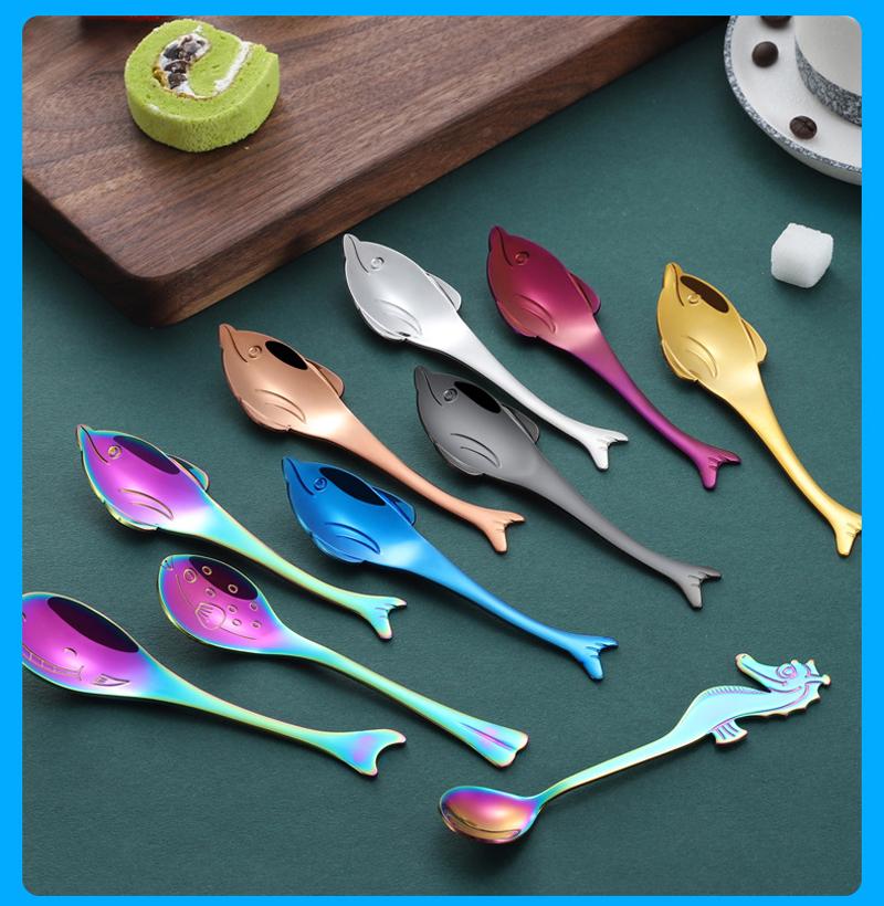

4pcs set, colorful stainless steel kids baby spoon, metal mini scoop, fish dolphin design, ice cream spoon, cute short