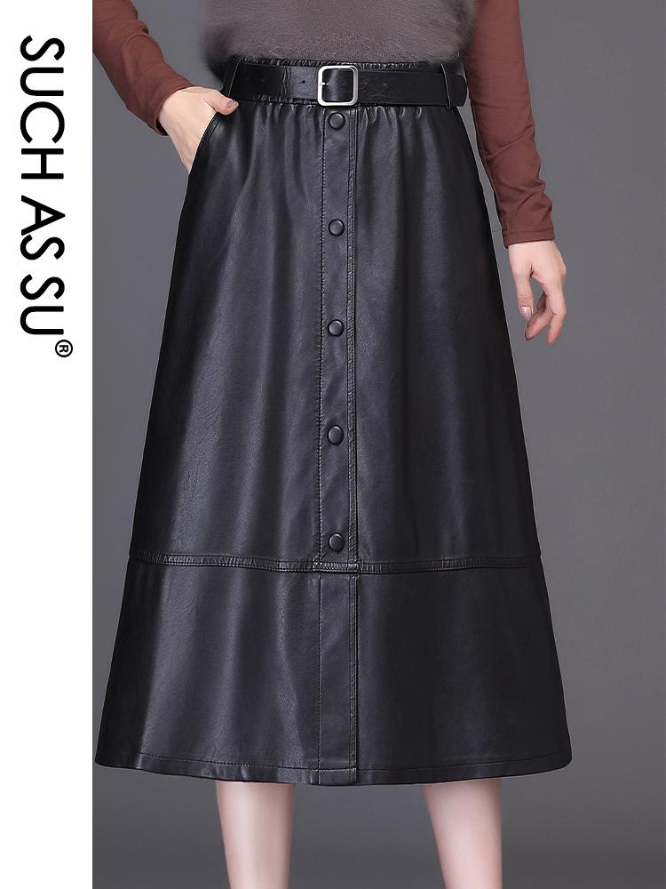 

2020 Autumn Winter New Arrival Ladies Button Black Brown Red Skirts Pleated High Waist Leather Plus Size Women Sashes Skirts