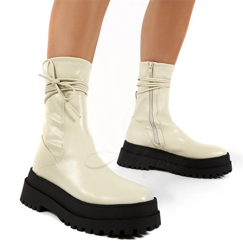 

New Winter Boots Women Platform Warm Shoes Mid-Calf Boots Ankle Zipper Leather Women Botas Mujer F232, Black