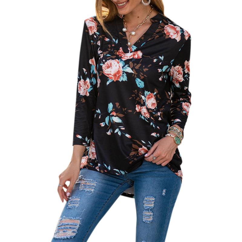 

VICABO Floral Printed Blouse Women Elegant Black Tops V-Neck Three Querter Sleeve Female Clothes Slim Office Lady Blouses Shirts