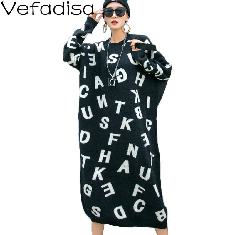 

Vefadisa Letter Print Mid-Calf Sweater Dress Women 2021 Fall Winter Pullovers Knitted Long Dress Plus Size Sweater QYF4077, Black