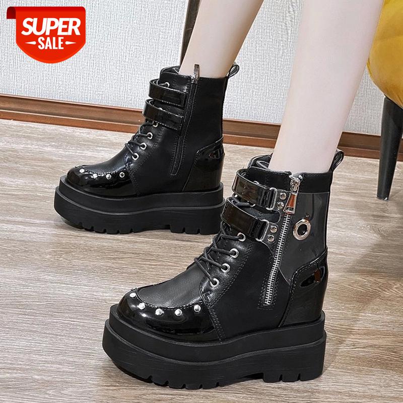 

Lucyever Fashion Buckle Rivet Chunky Ankle Boots for Women Punk High Platform Motorcycle Boots Woman Black Hidden Heels Shoes #nB2S, Beige