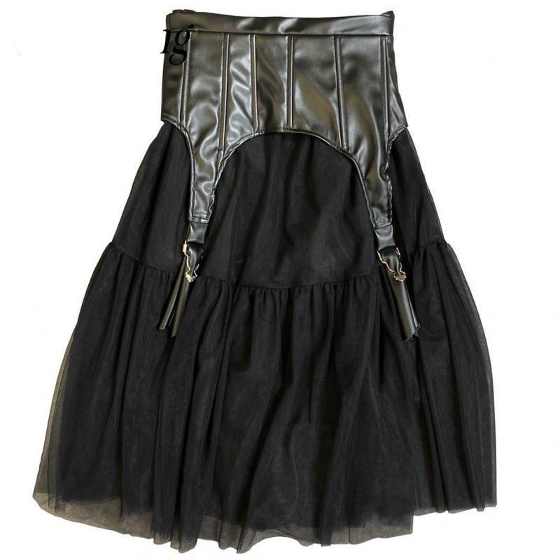 

Skirt Pu Patchwork High Women Waist Mesh Skirts Womens All Match Vintage Long Black Women Skirts 2020 Fashion Sexy V487