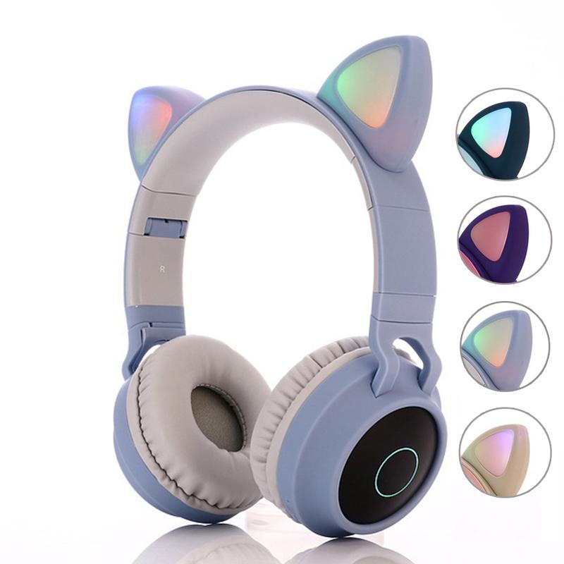 

Kids Bluetooth 5.0 Headphones LED light Cat Ears Headset Wireless Earphone HIFI Stereo Bass headphone for Phones with microphone, Blue