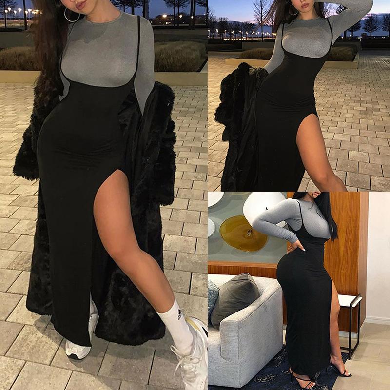 

Sexy Black High Waisted a Line Suspender Skirts Womens Women High Split Long Maxi Skirt