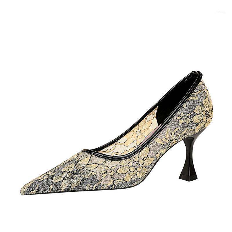 

Women's shoes 2020 new fashion sexy mesh single shoe flower decoration pointed stiletto comfortable high heels1, Black