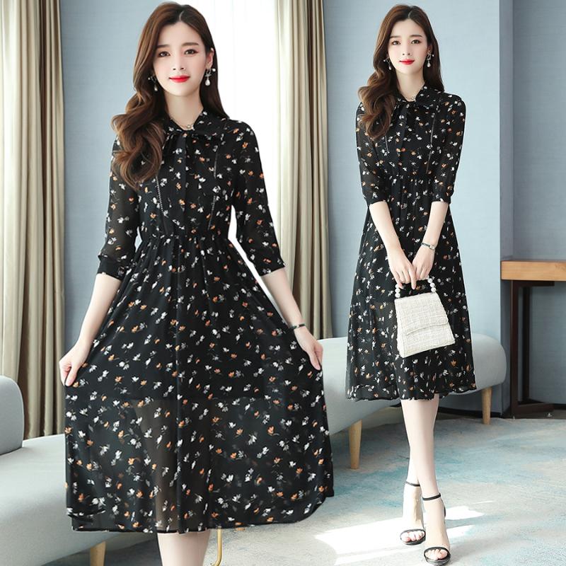 

2020 Elegant Black Floral Chiffon Midi Dresses Spring Summer Plus Size Print Vintage Runway Dress Women Bodycon Party Vestidos