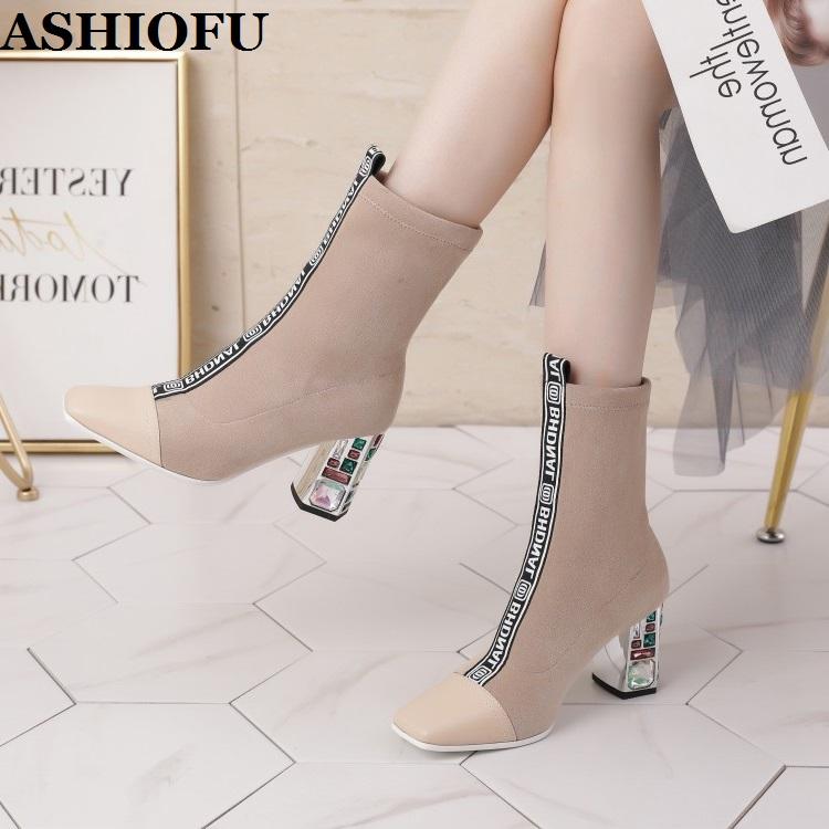 

ASHIOFU 2020 New Real Photos Women's Crystal-heel Boots Sexy Elegant Party Ankle Booties Evening Fashion Club Winter Short Boots, As pic
