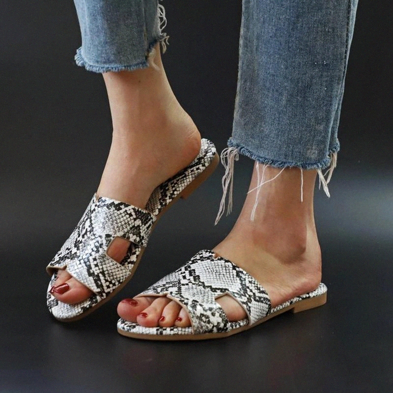 

Fashion Summer Women Slippers Snake Pattern Outdoor Flat Shoes Women Casual Slides Pu Leather Beach Sandals Female Flip Flops #Nl1g, Black