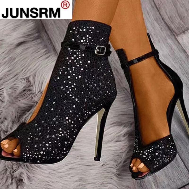 

2021 New Women Crystal Sandals Ankle Straps Buckle Transparent Cover Heel Pumps Ladies Sandals Party Shoes size 35-43, Black