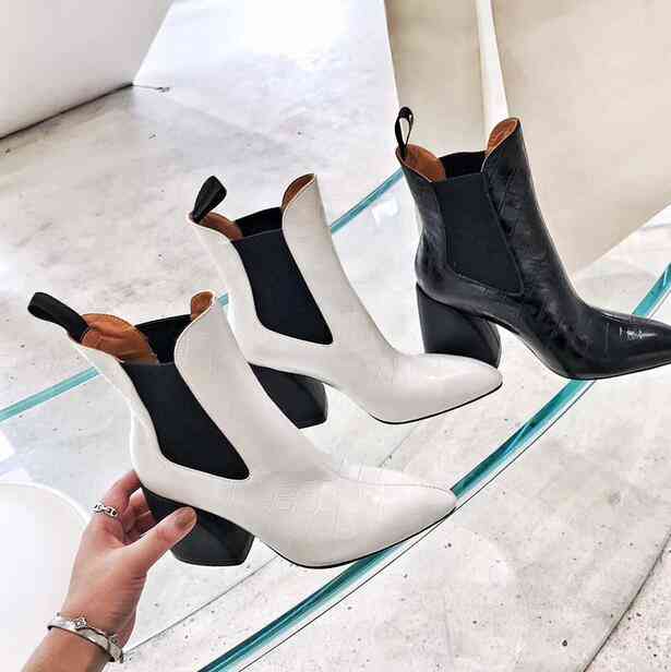 

Boots High Fashion Brand Heel Womens luxurious Leather Ankle Booties 9cm Chunky Ladies Sexy Pointed black white heels EDCH