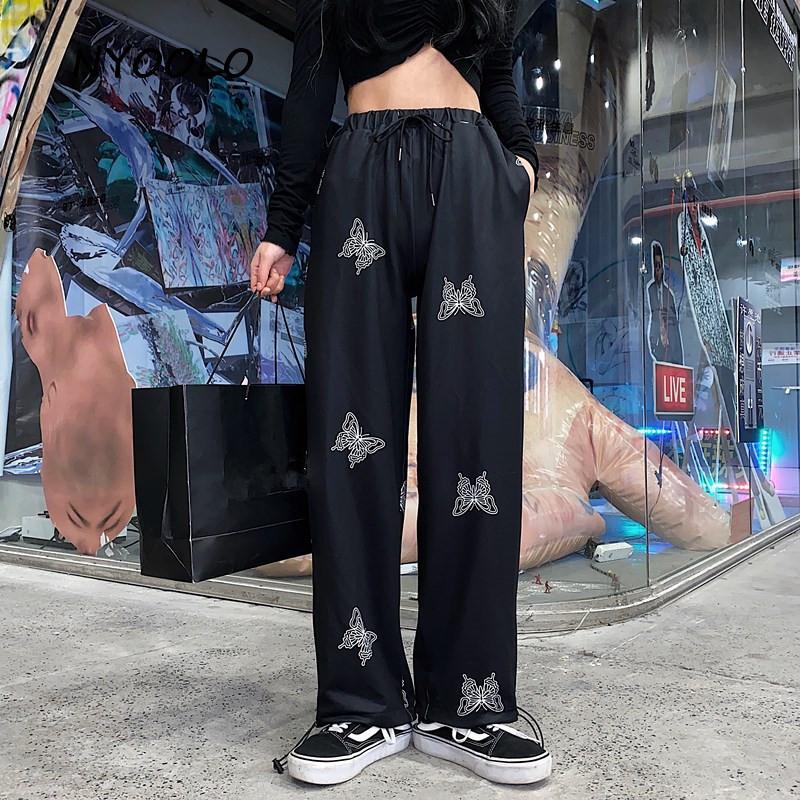 

NYOOLO Harajuku style Butterfly Print high waist pants women men Summer street Loose Elastic Waist ankle length joggers pants, White