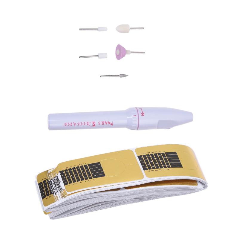 

100 x Golden Nail Art Tips Extension Forms Guide French & 5 Bits Electric Manicure Nail Drill File Grinder Grooming Kit