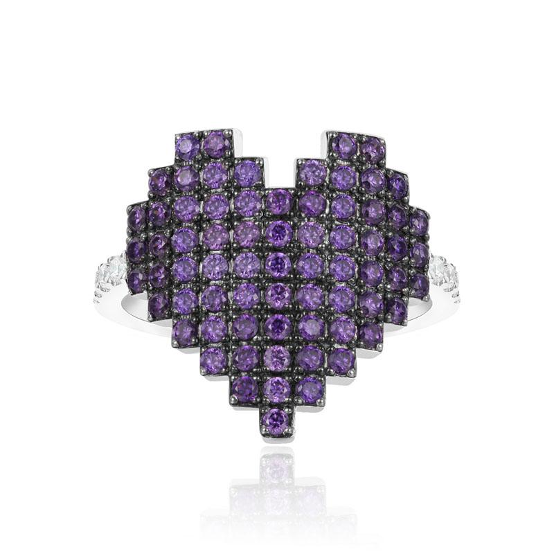 

925 Sterling Silver Purple Pixel Love Heart Ring Pave Cubic Zirconia Stones Women Fine ARC EN CIEL Jewelry