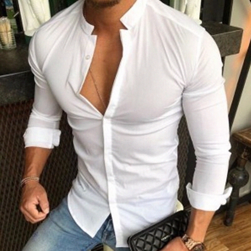 Men's Shirt Solid Colored Stand Collar Casual Daily Long Sleeve Tops Cotton Casual Fashion Breathable Comfortable White Black Pink e5GU#