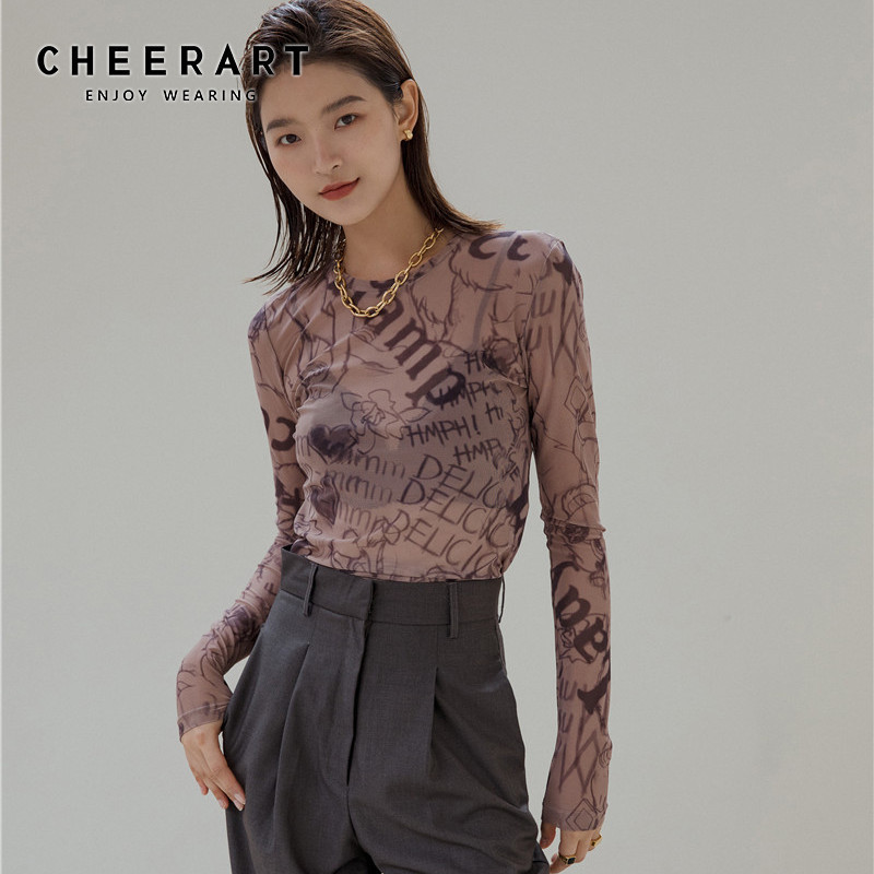 

CHEERART Graffiti Mesh Top Long Sleeve T Shirt Crewneck Transparent Tshirt Brown See Through Top Fall Women Clothing 201125, Beige