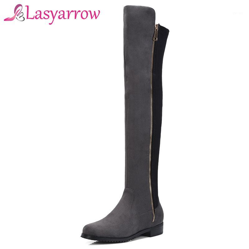 

Lasyarrow Low Heel Stretch Long Boots Party Shoes Woman Fashion Flock Knee Boots Chunky Heel Comfort Western Boot F2551, Dark grey