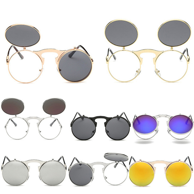

Male Retro Steampunk Sunglass Round Flip Up Women Mens Clip On Sunglasses Metal Punk Sun Glasses New Arrival