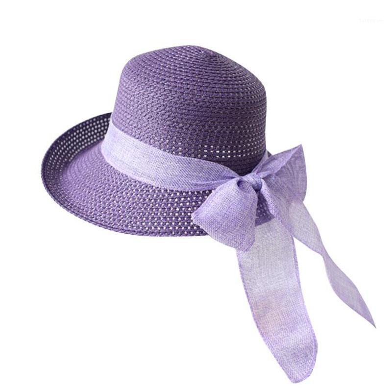 

High Quality Handmade Straw Hat Panama Hats For Women Fashion Bow-tie Decorat Sun Hat Foldable Wide Brim Sun Women Girl1, Purple