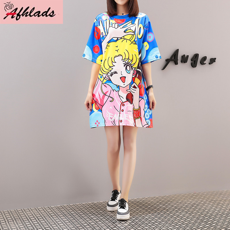 

Summer Women T-Shirt Round Neck Short Sleeves Sweet Cartoon Sailor Moon Printed Loose Split Large Size T-Shirt Tops -2XL Y200722, Multi