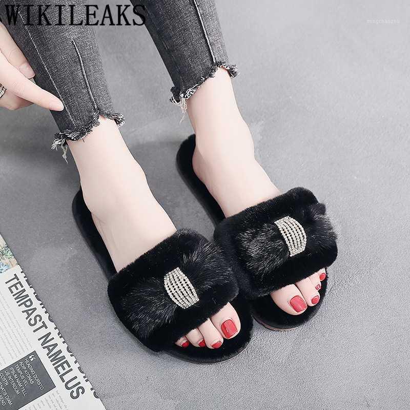 

dames woman slippers house women shoes bedroom rhinestone slippers fur slides winter flat for women flat shoes1, Black
