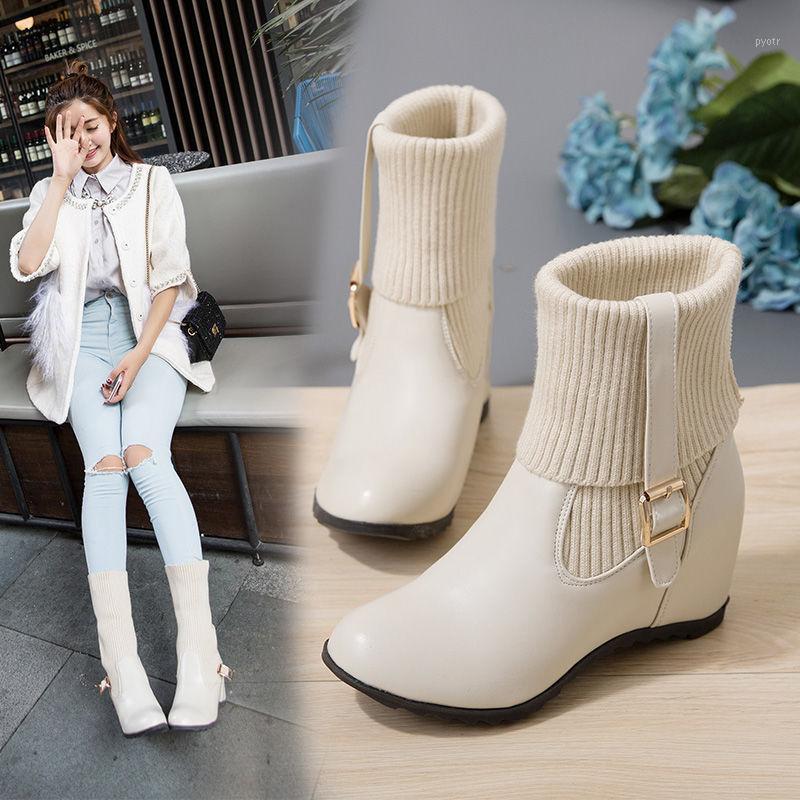 

2020 Spring Fashion Plus Size 34-43 Elegant Leather Boots Women Winter Casual Shoes Hidden Increase Wedges Boots Ladies1, Beige fabric