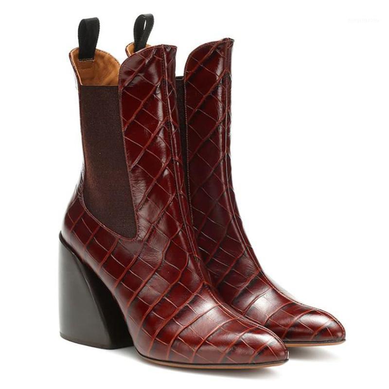 

Genuine Leather boots women Thick heel pointed toe high heel ankle boots women 2020 Fashion Autumn/Winter plus size1, Black