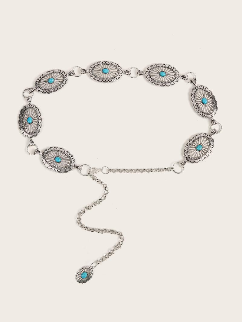 

Belts Fashion Retro Style Round Coin-Shaped Tandem Metal Inlaid Turquoise Waist Chain Female Small Incense Wind Skirt Thin Belt, Black;brown