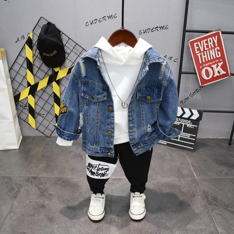 

3PCS WLG boys clothes kids denim blue letter jacket white hoodie and black pant clothing set baby fashion clothes