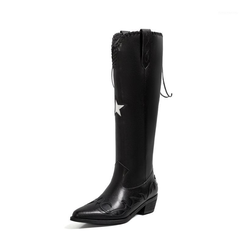 

MKKHOU Fashion Knee-High Boot Woman 2020 New Winter vintage pointy Rider mid-heel cowboy Boot Western Leather woman1, Black