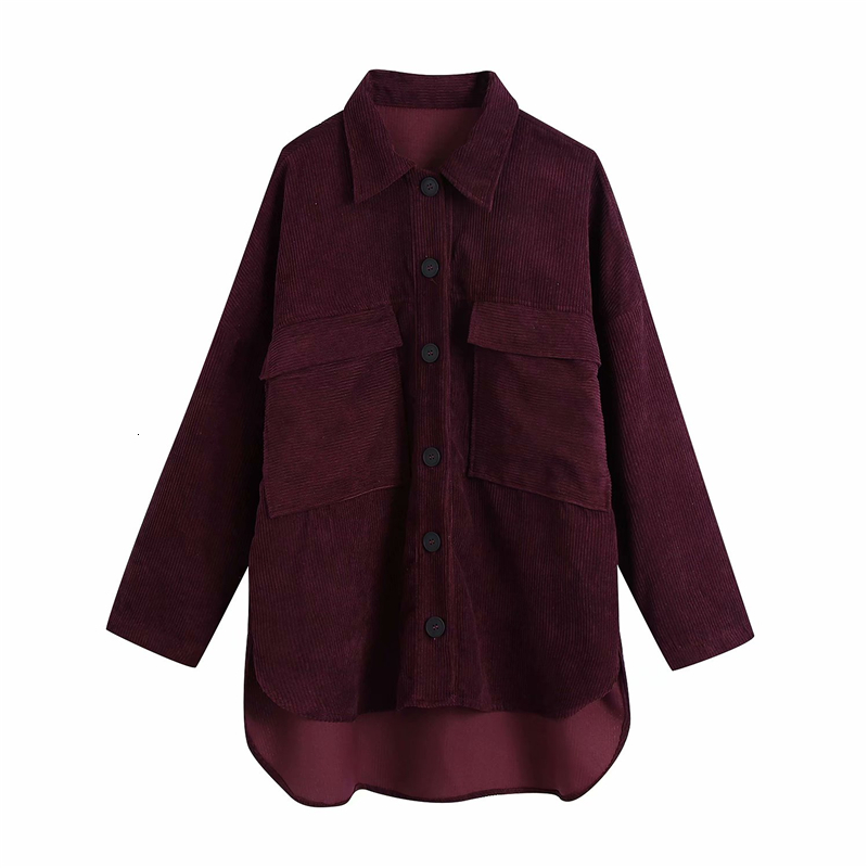 

2021 New Causal Women Corduroy Shirts Fashion Ladies Turn Down Collar Tops Streetwear Female Chic Pocket Oversized Thick Shirt Zskv, Burgundy