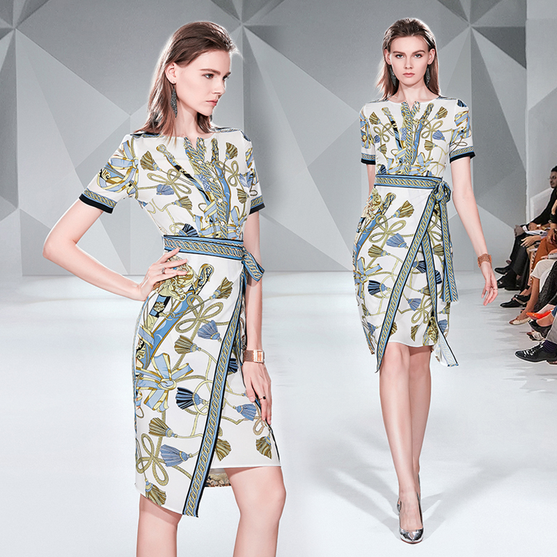 

2021 New Fashion Vintage Print Office Women Sexy O-neck Short Sleeve High Waist Lace-up Split Irregular Bodycon Es 594o, Design and color