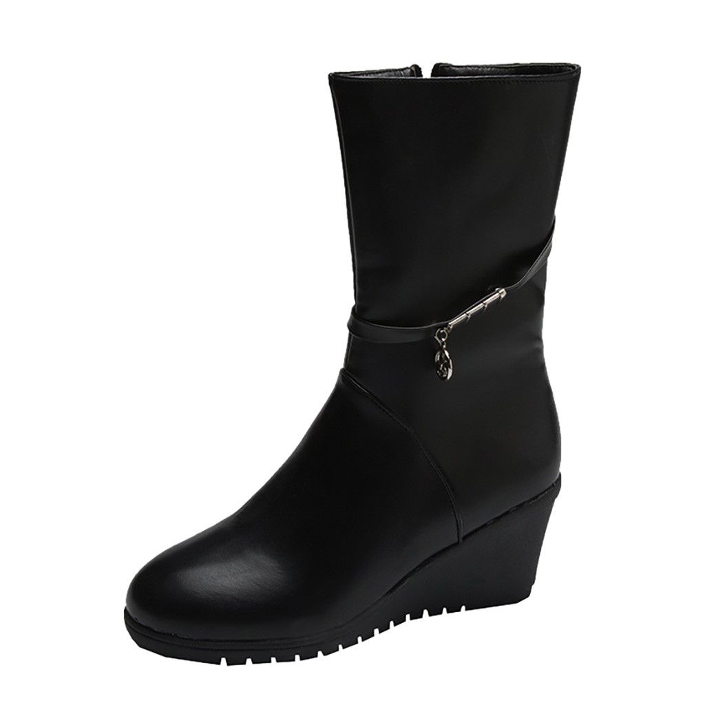 

Boots Wedge Heels Round Toe Zipper Snow Boots Women Shoes Botas Mujer 2121 Mid Calf Womens Booties Shoes, Bk