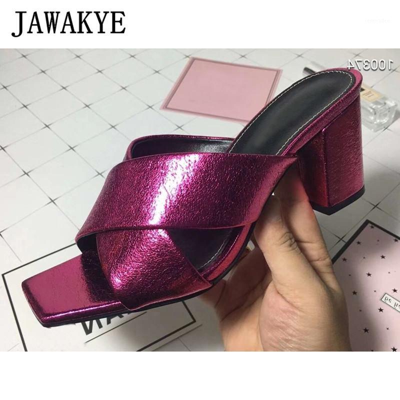 

Chunky High heels real Leather Slippers Women Gold Silver crossover Slides Summer party Shoes beach mules for girls1, As show