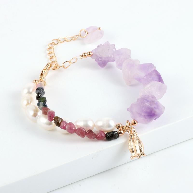 

Women Natural Stone Amethysts Freshwater Pearls Bracelet Layers Tourmaline Beaded Purple Crystal Flower Charm Bangle Jewelry
