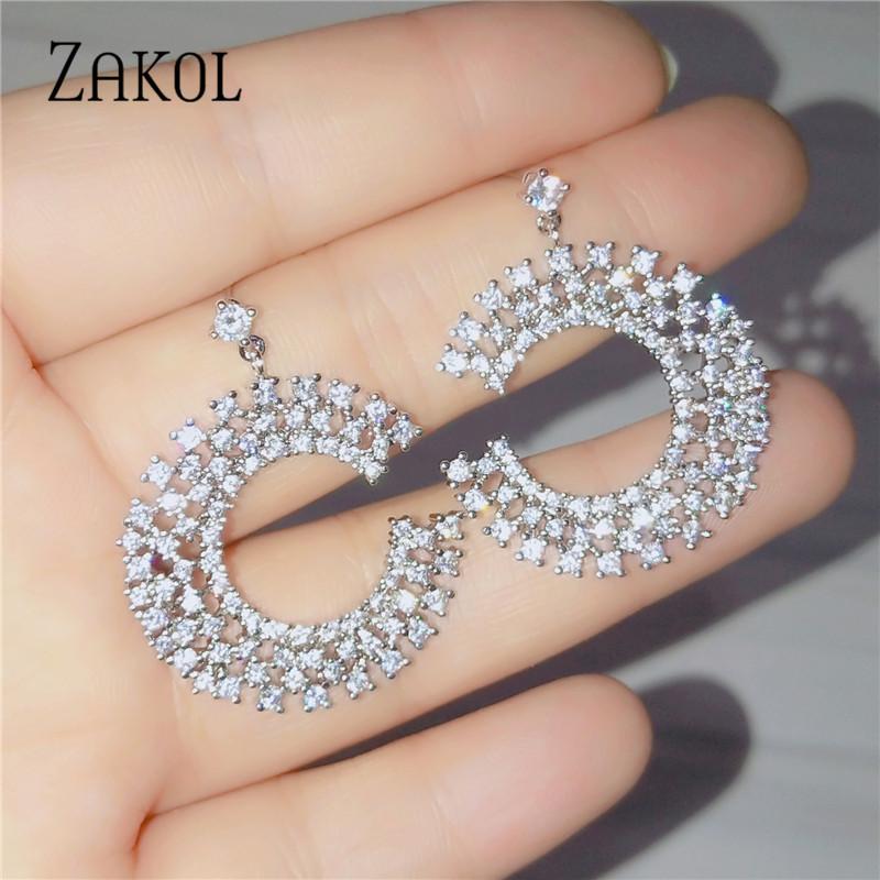 

ZAKOL 3 Color Luxurious Trendy C Shaped Cubic Zirconia Dangle Earrings for Women Wedding Accessories Jewelry Gift