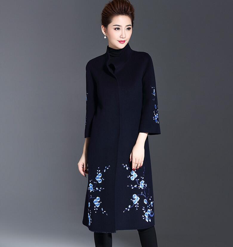 

Women's Winter Vintage embroidery Warm Woolen Coat Embroidered Female Long Sleeve Wool coats plus size Outerwear mujer p484, Gray