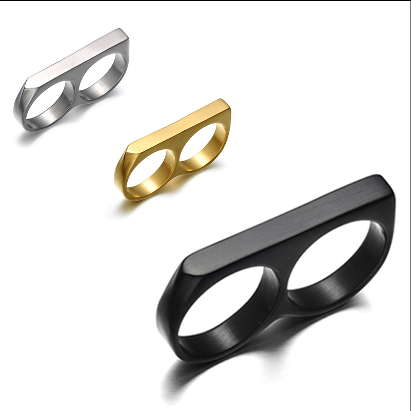 

Gold Silver Black 10th Titanium Steel Creative Double Finger self defence Double Ring Ring Hip Hop Locomotive Punk Series Finger Tiger 45645