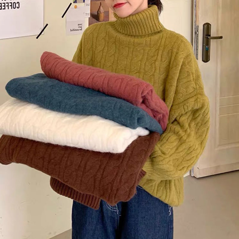 

2021 New High-neck Twist Ladies'soft Sweaters Loose Wear Lazy Wind Sweater Coat A28C, Blue