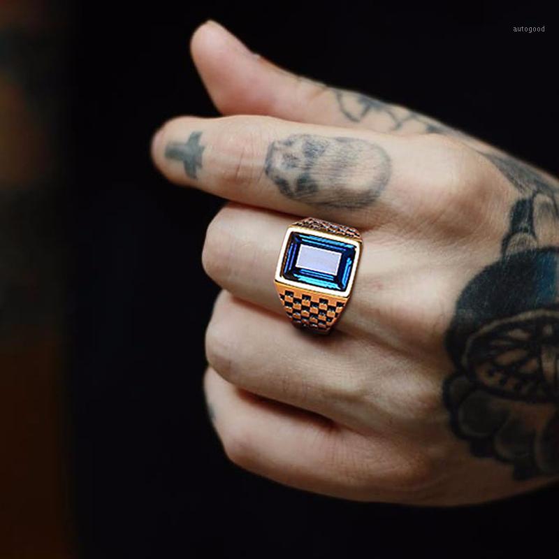 

Mens Signet Ring Checkerboard Pattern Gold Tone and Cut Blue CZ Stainless Steel Rectangle Royal Jewelry1